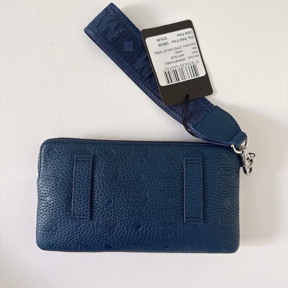 MCM Navy Blue Leather Wristlet with Logo Webbing Strap - Picture 3 of 7